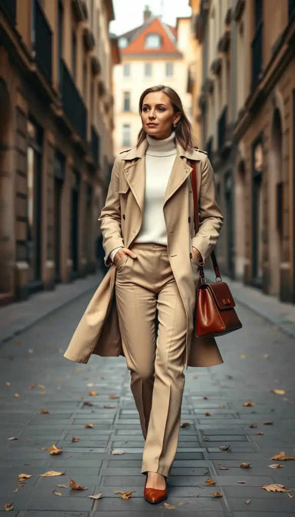 Beige Trench Coat With Turtleneck & Slacks