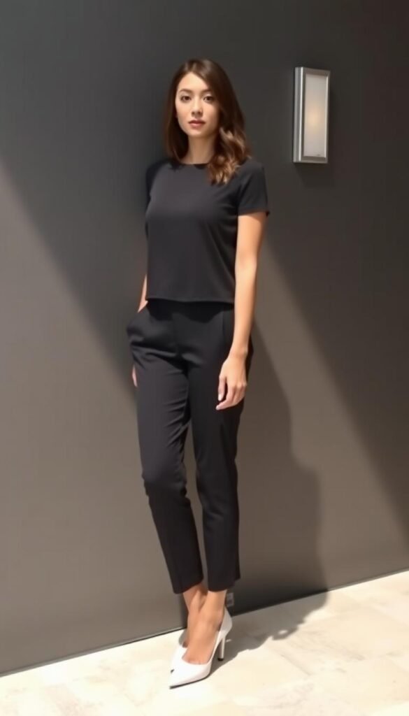 Boat Neck Top With Cropped Slacks & Pumps