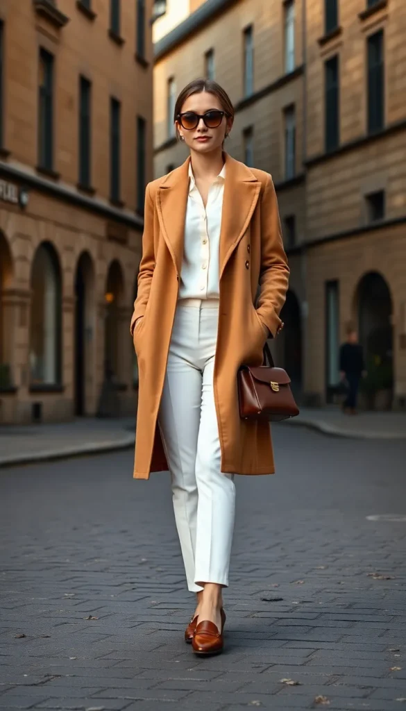 Camel Coat, White Trousers & Loafers