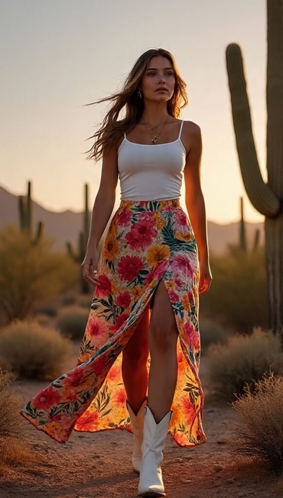 Cowgirl Boots + Maxi Skirt + Tank Top