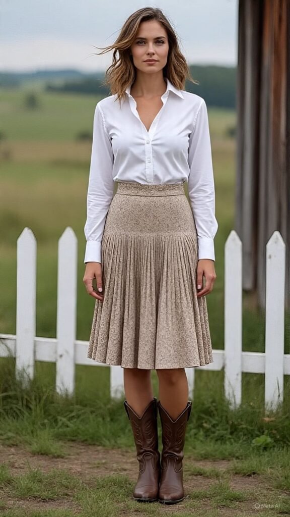 Cowgirl Boots + Midi Skirt + Button-Up Shirt
