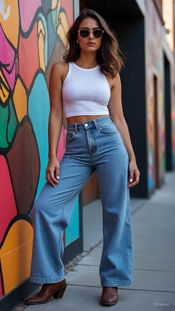 Cowgirl Boots + Wide-Leg Jeans + Crop Top