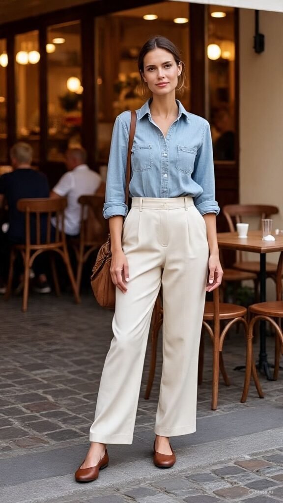 Denim Shirt with Cream Slacks