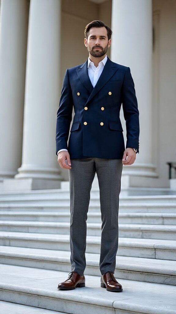 Double-Breasted Navy Blazer + Crisp Dress Shirt