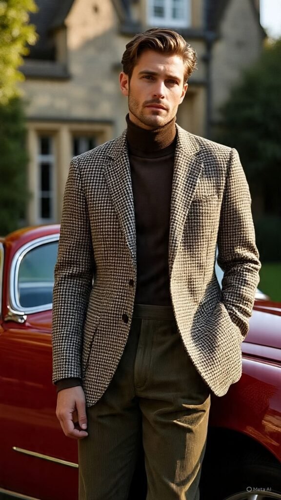 Houndstooth Blazer + Turtleneck + Corduroys
