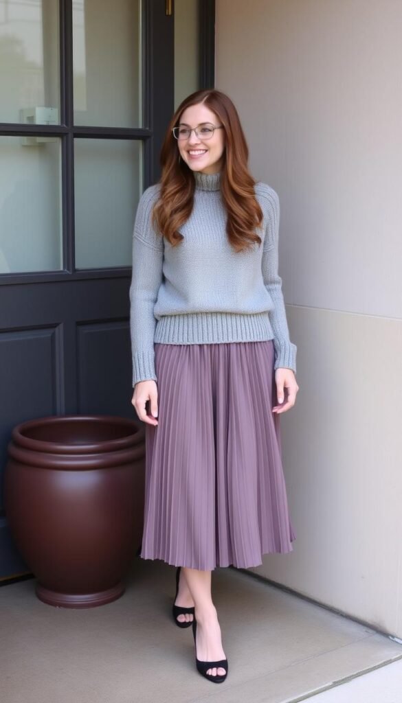 Pleated Midi Skirt & Knit Sweater