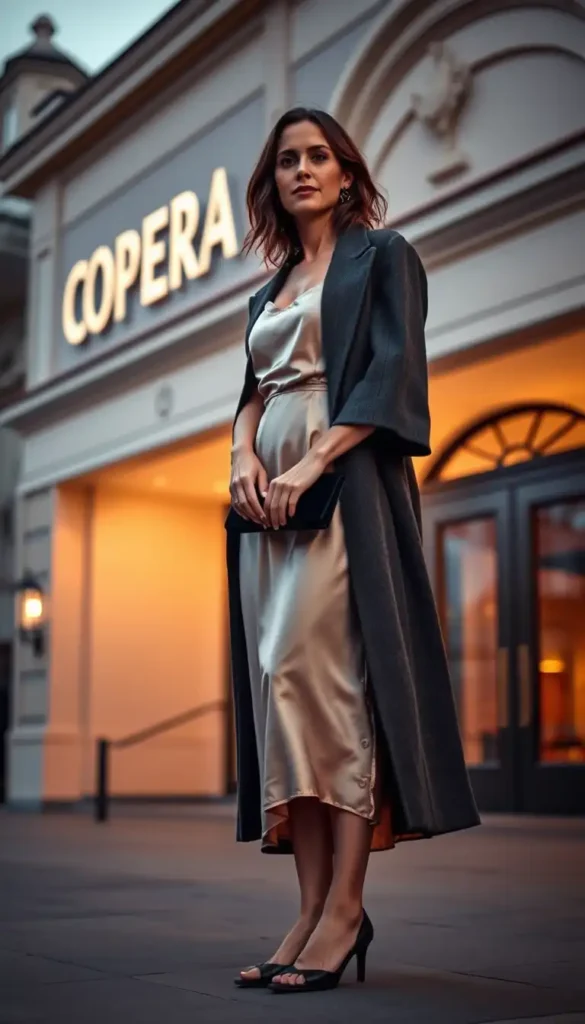 Silk Slip Dress With Wool Coat