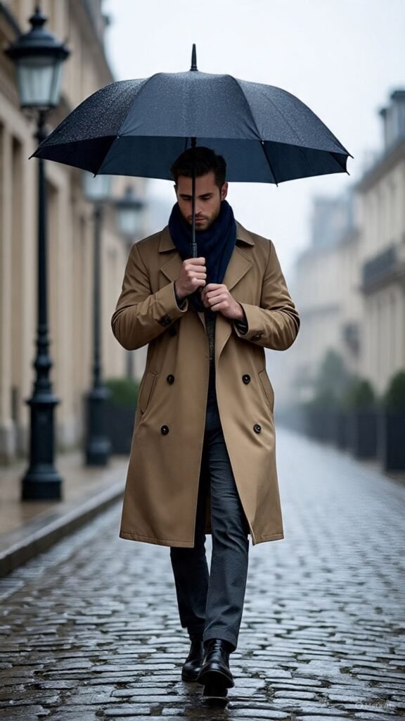 Trench Coat + Cashmere Scarf + Slacks