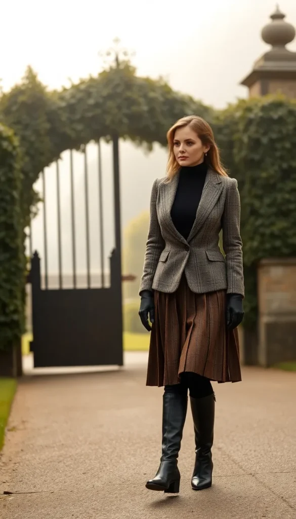 Tweed Blazer, Turtleneck & Knee-Length Skirt